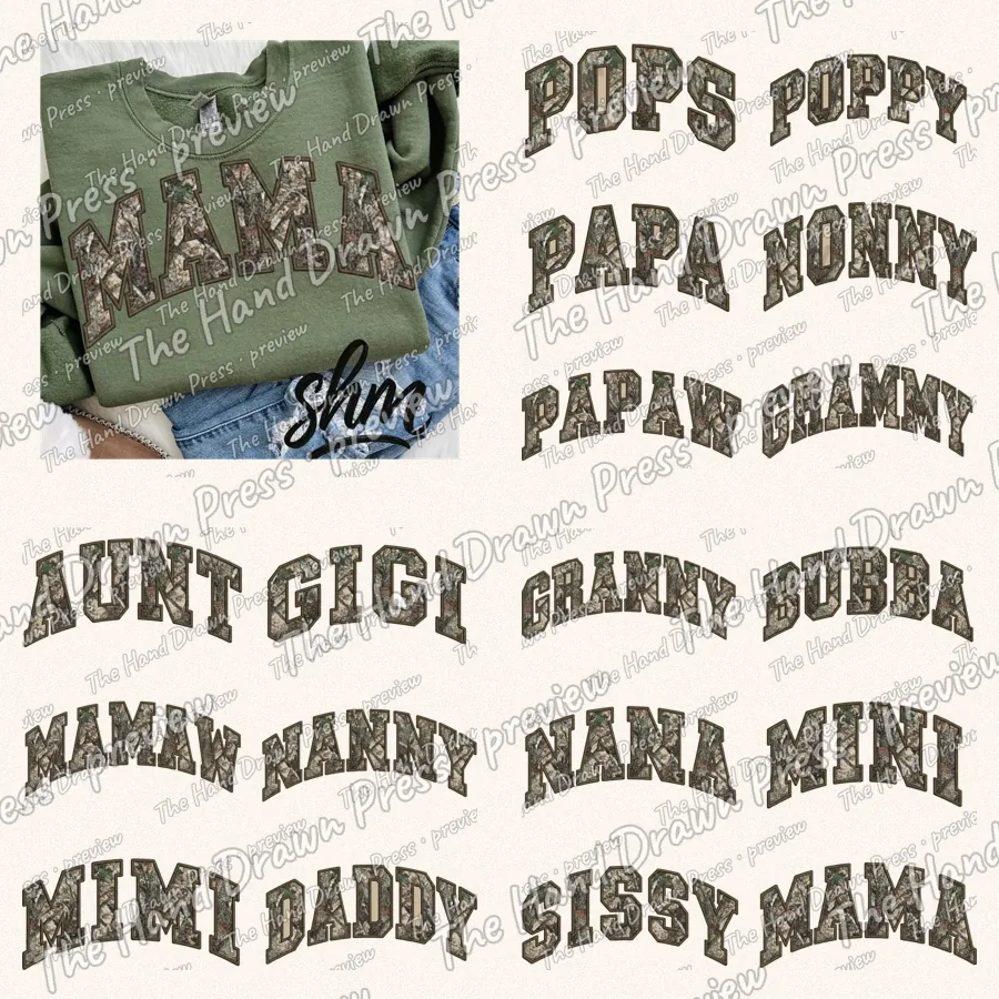 Comfy Sherpa Camo Family Names Bundle: 4 PNG designs for shirts