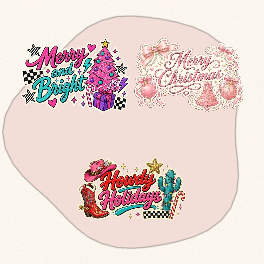 Pink and Western Christmas Bundle: 3 hand drawn PNG designs