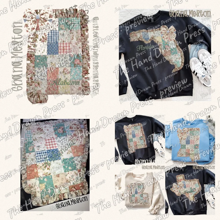 Grandmillennial Quilted Ruffle States Bundle: 8 hand drawn PNG designs