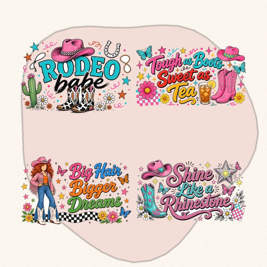 Retro Western Cowgirl Bundle: 4 hand drawn PNG designs
