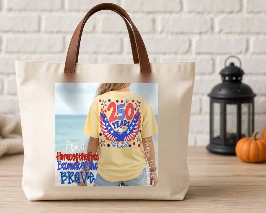250 Years Home of the Free PNG design on a canvas tote bag