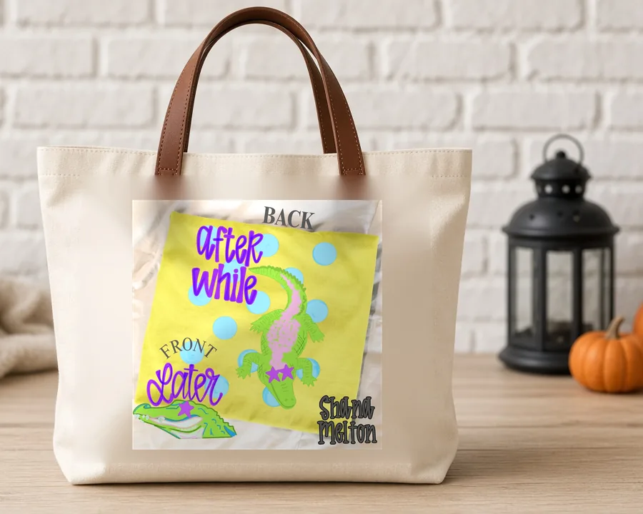 After While Crocodile Doodle PNG design on a canvas tote bag