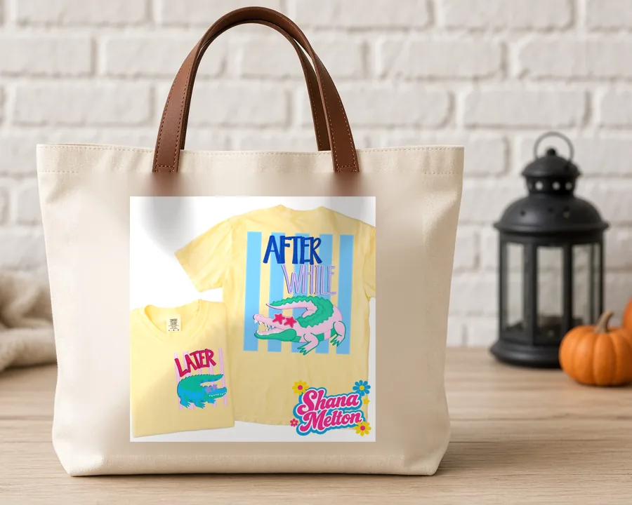 After While Crocodile PNG design on a canvas tote bag