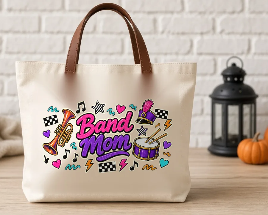 Band Mom PNG design on a canvas tote bag