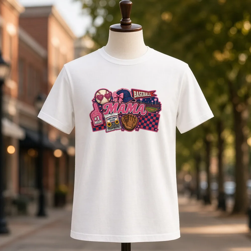 Baseball Mama Collage PNG on a white t-shirt