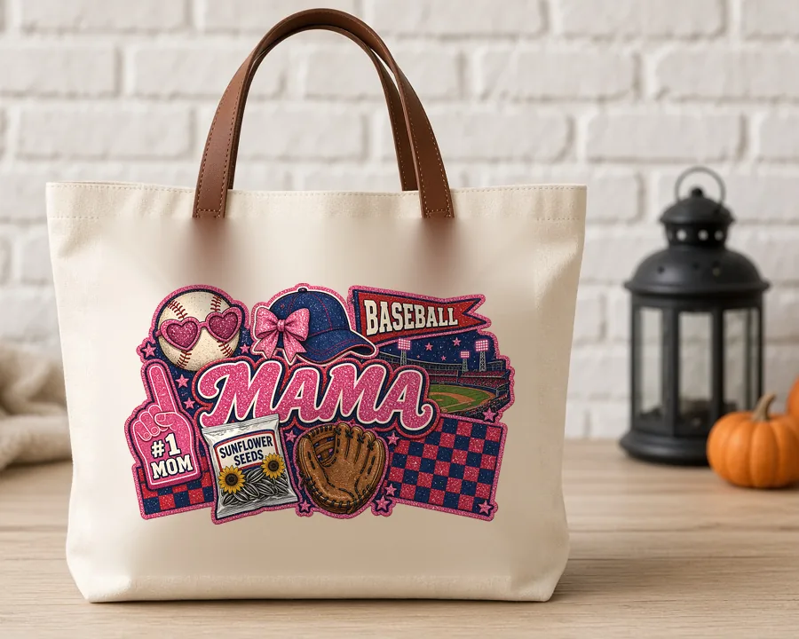 Baseball Mama Collage PNG design on a canvas tote bag
