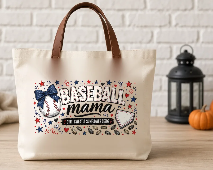 Baseball Mama PNG design on a canvas tote bag