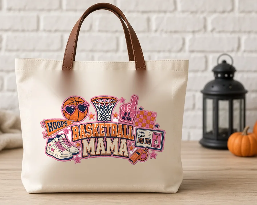 Basketball Mama Collage PNG design on a canvas tote bag