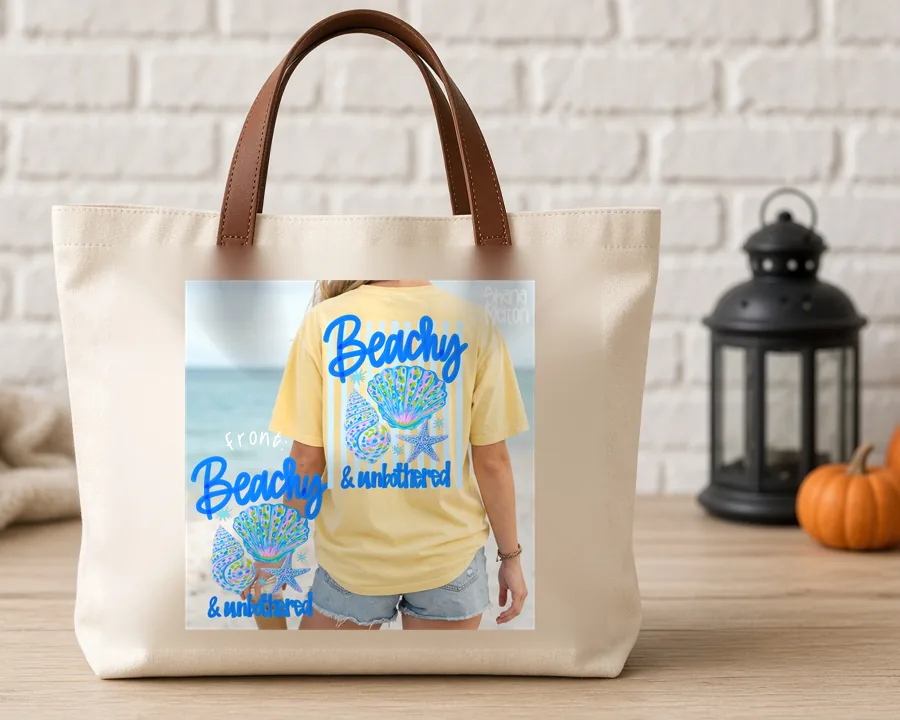 Beachy and Whimsical PNG design on a canvas tote bag