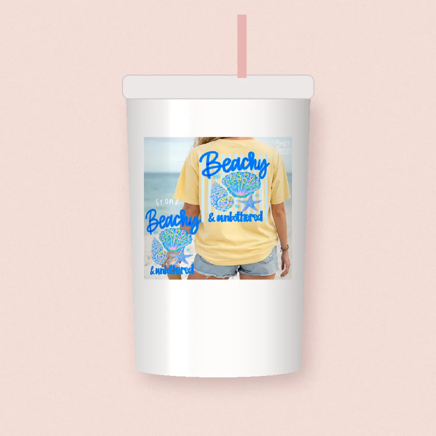 Beachy and Whimsical sublimation design on a skinny tumbler