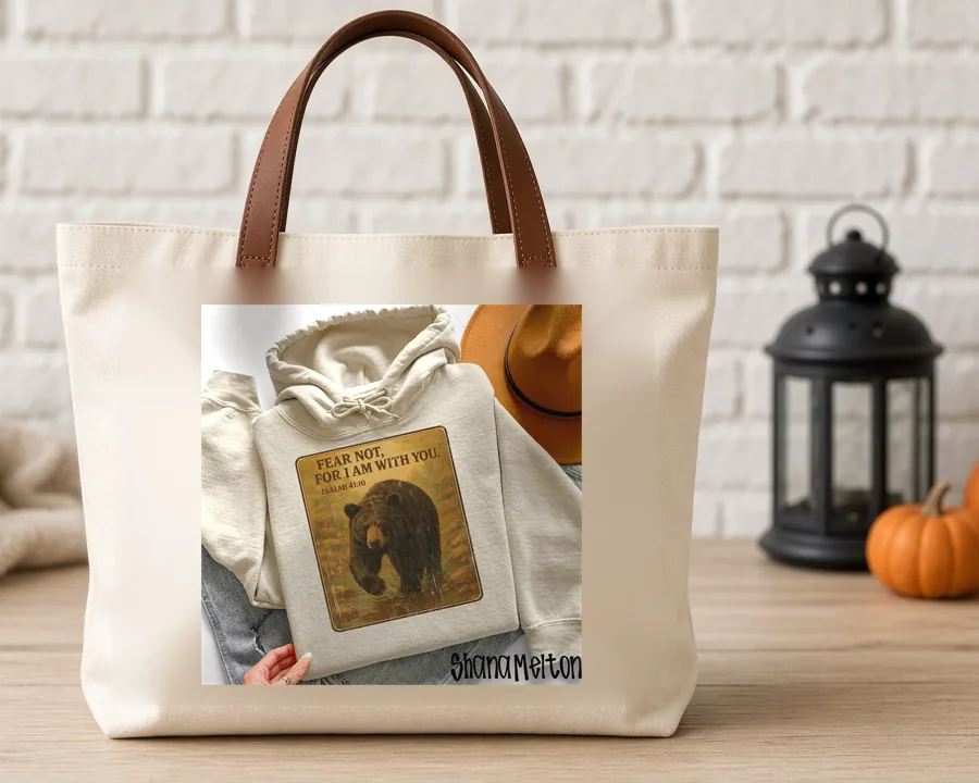 Bear Scripture Print PNG design on a canvas tote bag