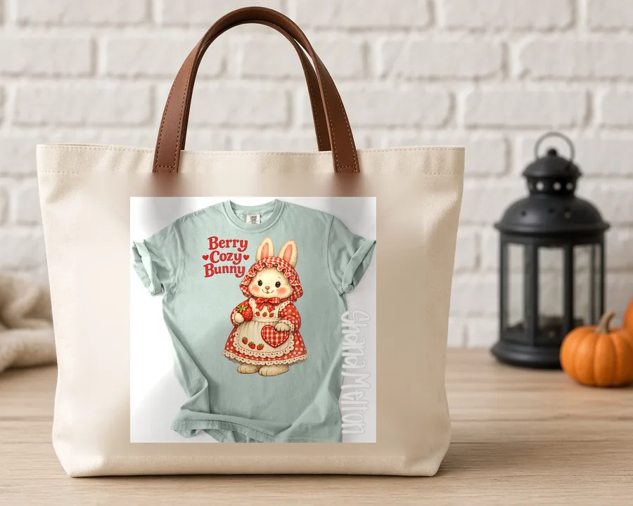 Berry Cute Bunny PNG design on a canvas tote bag