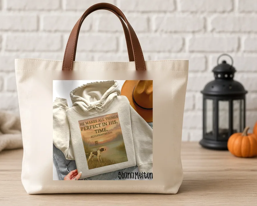 Bird Dog Scripture Print PNG design on a canvas tote bag