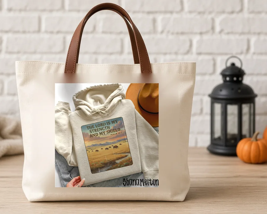 Bison Scripture Print PNG design on a canvas tote bag