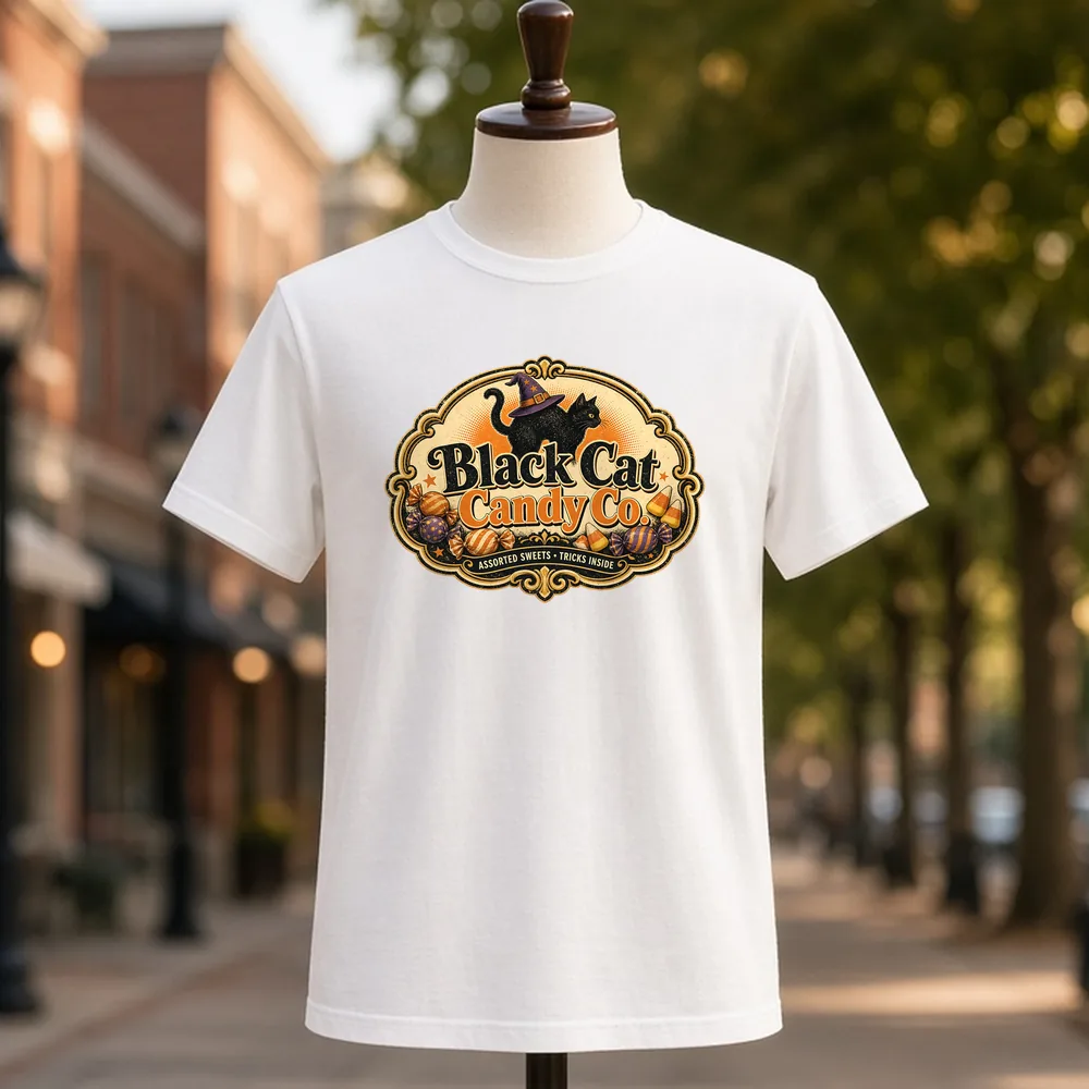 Black Cat Candy Co PNG on a white t-shirt
