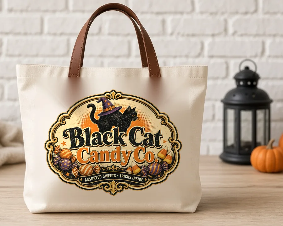 Black Cat Candy Co PNG design on a canvas tote bag