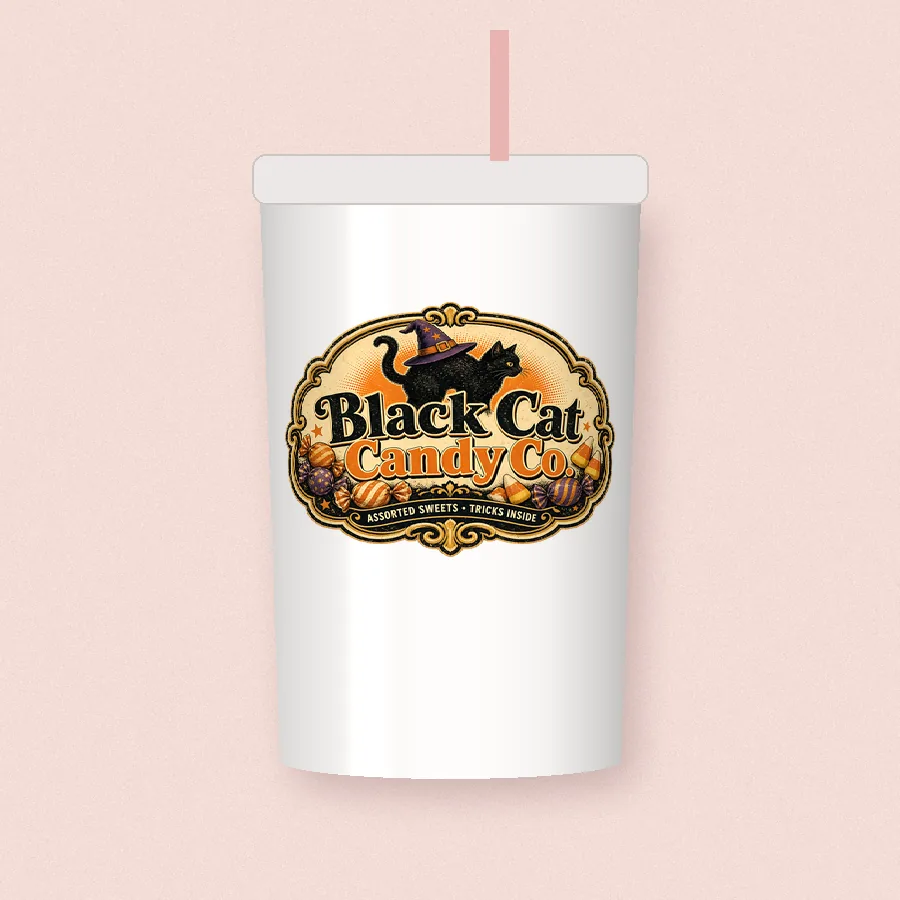 Black Cat Candy Co sublimation design on a skinny tumbler