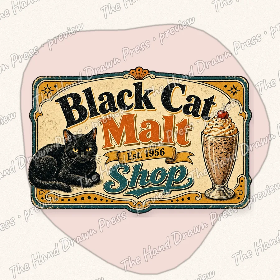 Black Cat Malt Shop hand drawn PNG design