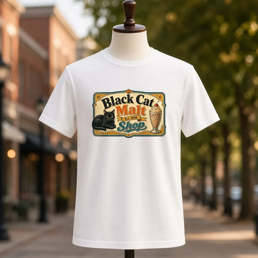 Black Cat Malt Shop PNG on a white t-shirt