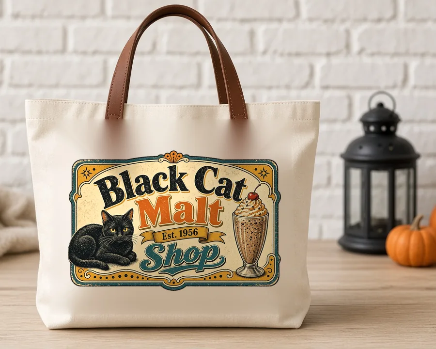 Black Cat Malt Shop PNG design on a tote
