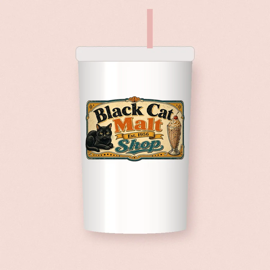 Black Cat Malt Shop sublimation design on a skinny tumbler