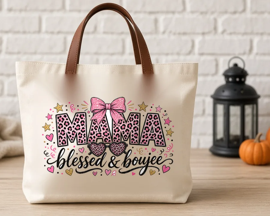 Blessed and Boujee Mama PNG design on a tote