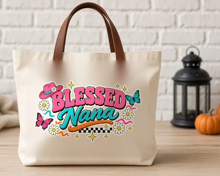 Blessed Nana Western PNG design on a canvas tote bag