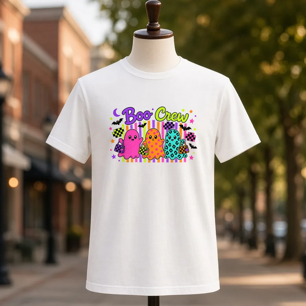 Boo Crew Neon Ghosts PNG on a white t-shirt