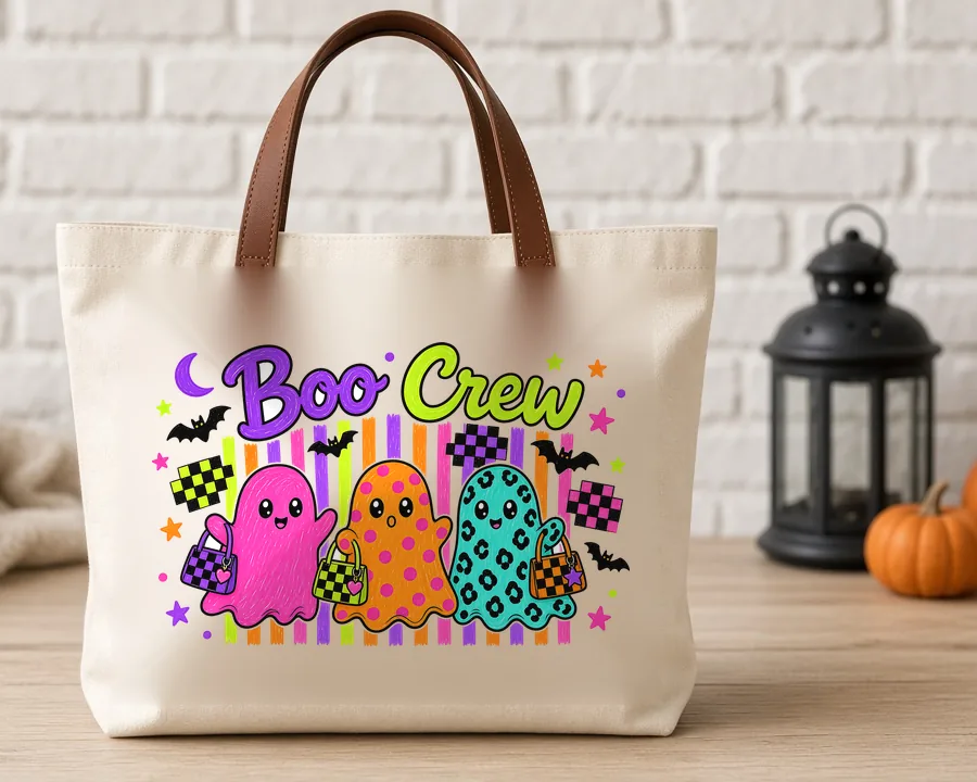 Boo Crew Neon Ghosts PNG design on a canvas tote bag