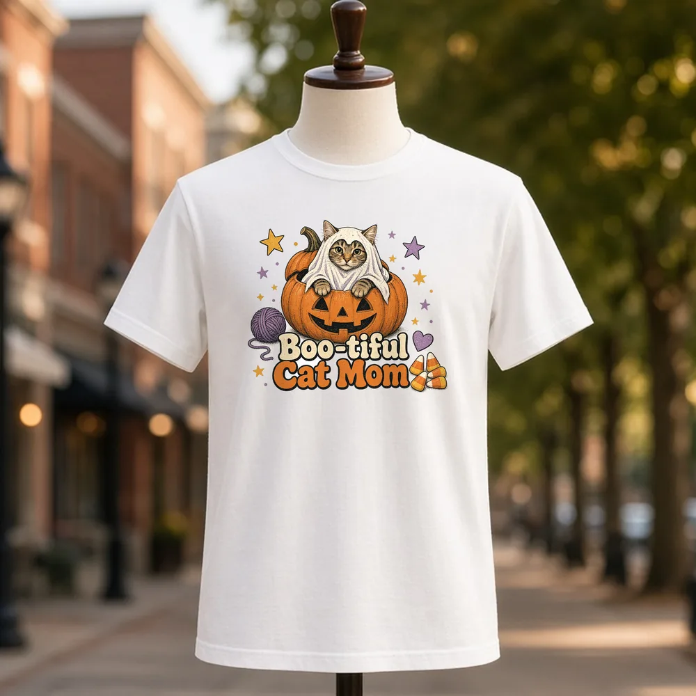 Boo-tiful Cat Mom PNG on a white t-shirt