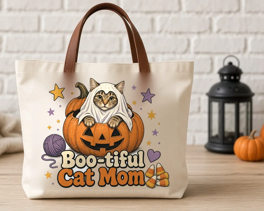 Boo-tiful Cat Mom PNG design on a canvas tote bag