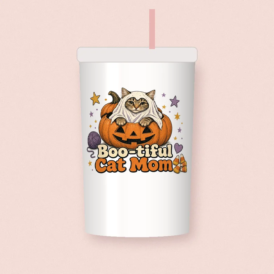 Boo-tiful Cat Mom sublimation design on a skinny tumbler