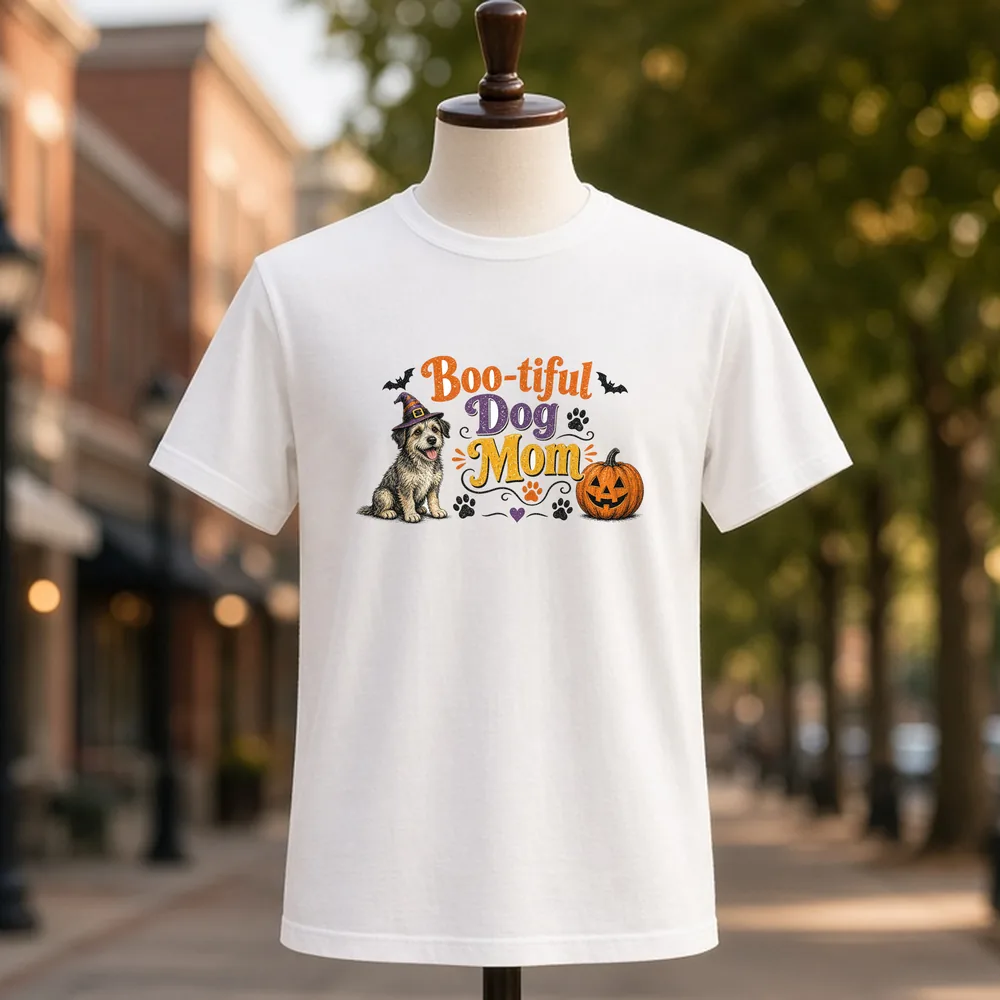Boo-tiful Dog Mom PNG on a white t-shirt