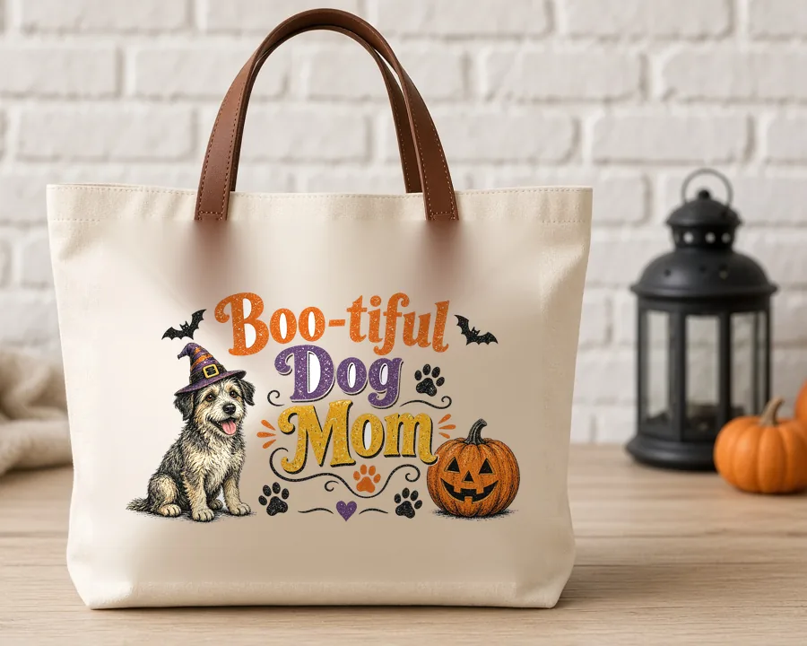 Boo-tiful Dog Mom PNG design on a canvas tote bag