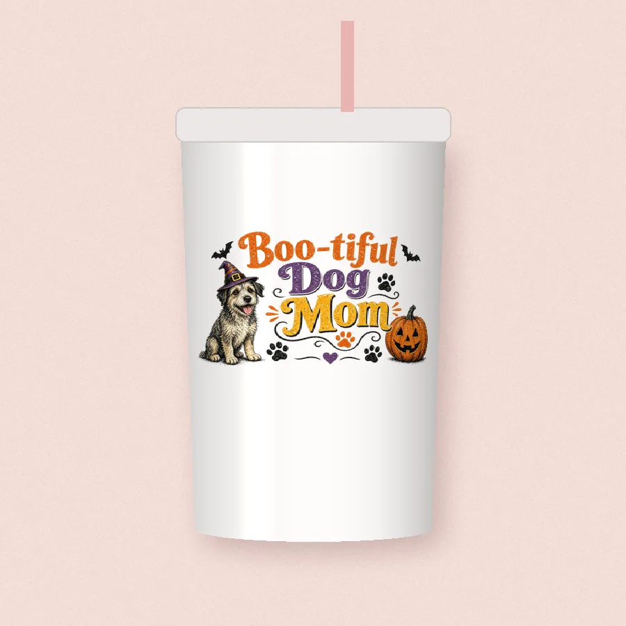 Boo-tiful Dog Mom sublimation design on a skinny tumbler
