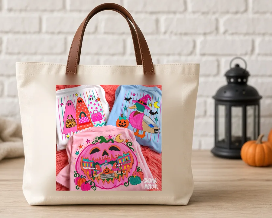 Boujie Ghosts and Pink Pumpkin PNG design on a canvas tote bag