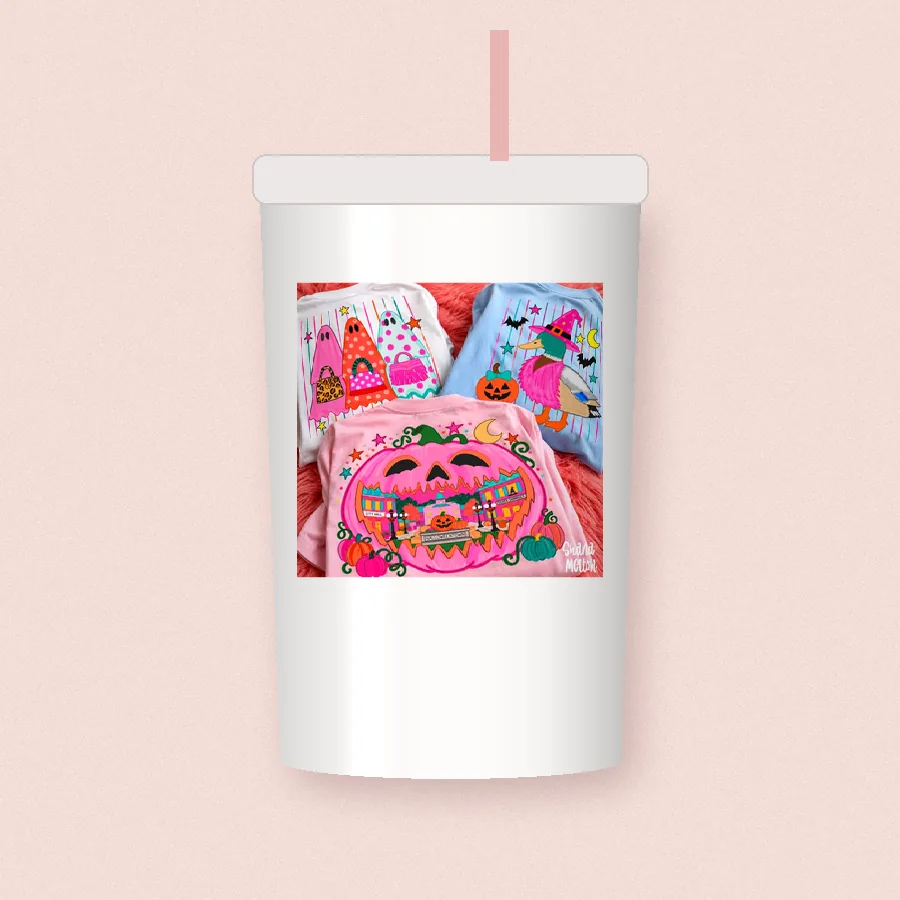 Boujie Ghosts and Pink Pumpkin sublimation design on a skinny tumbler