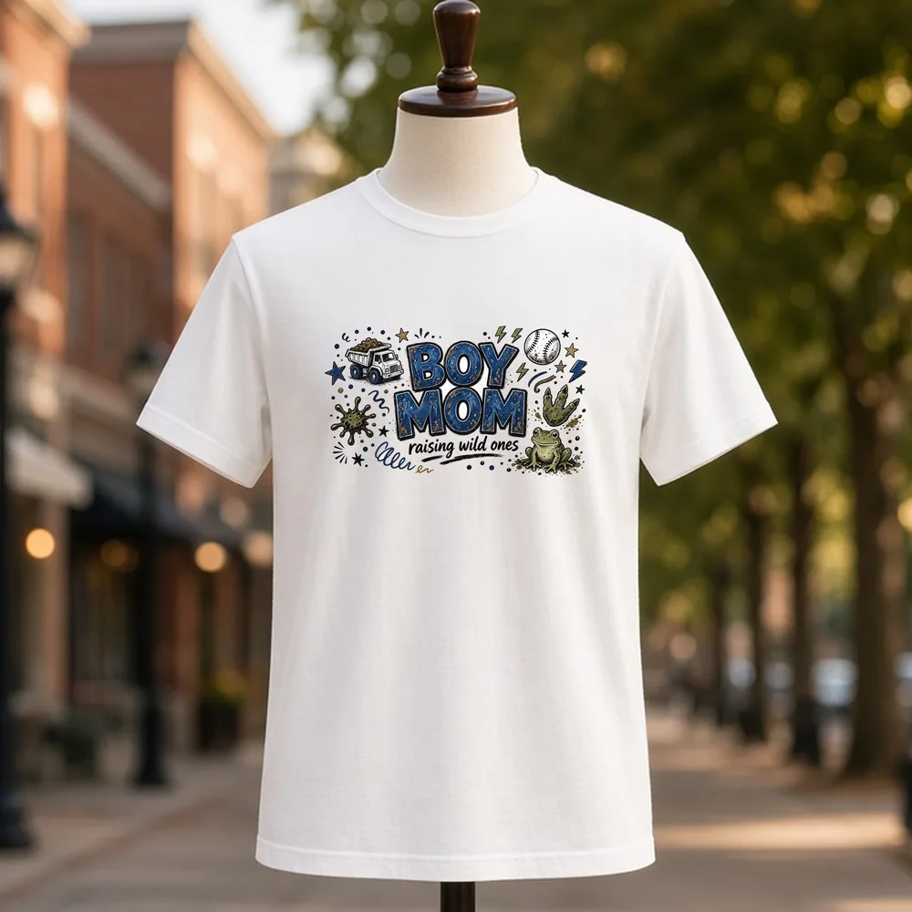 Boy Mom Raising Wild Ones PNG on a white t-shirt