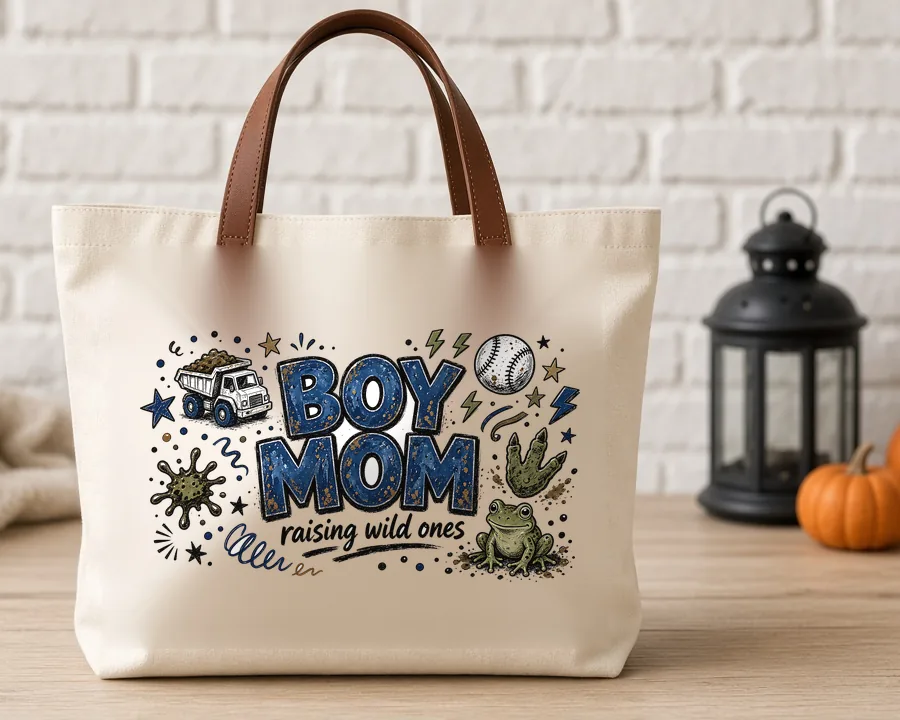 Boy Mom Raising Wild Ones PNG design on a canvas tote bag