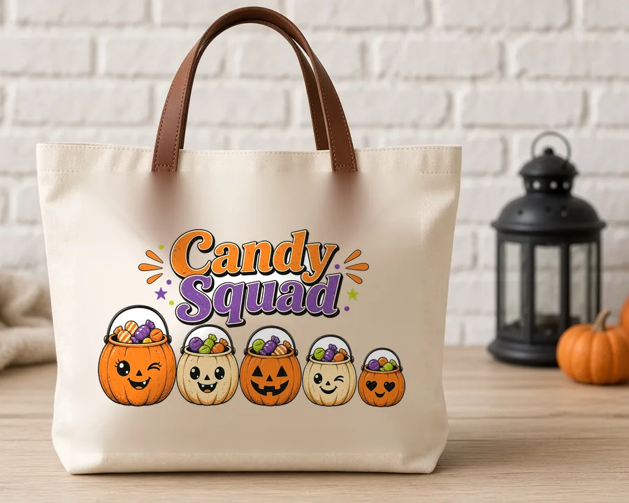 Candy Squad PNG design on a canvas tote bag