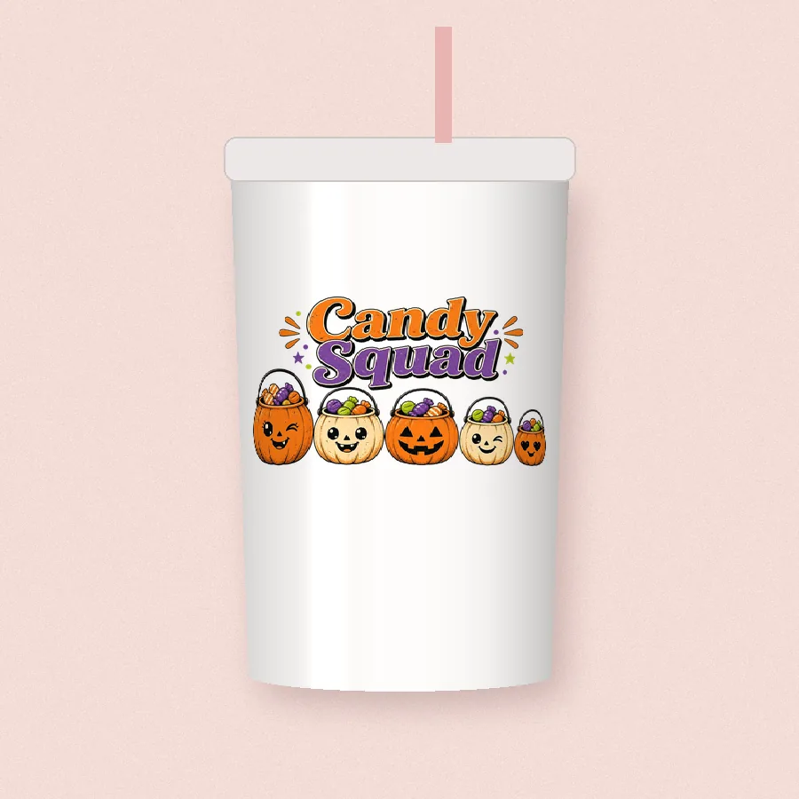 Candy Squad sublimation design on a skinny tumbler