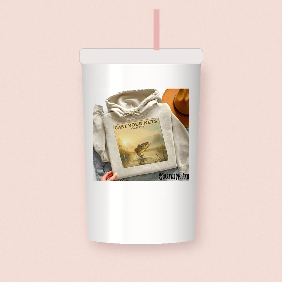 Cast Your Nets sublimation design on a skinny tumbler