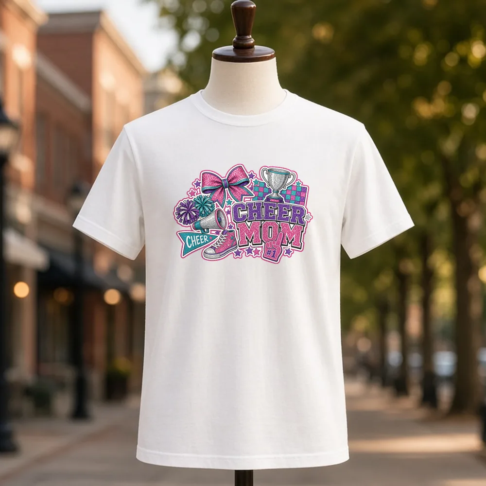 Cheer Mom Collage PNG on a white t-shirt