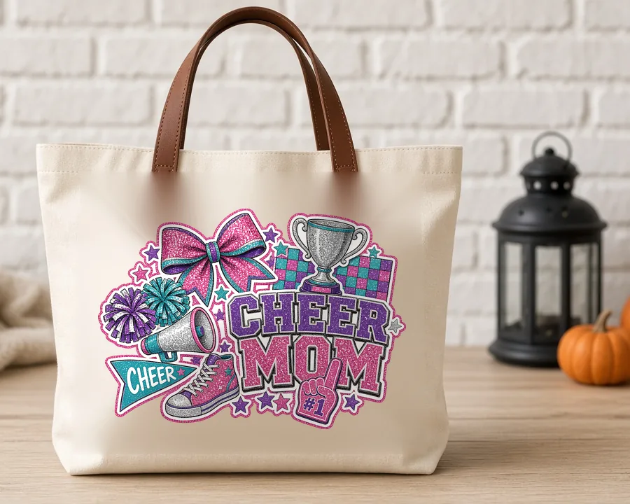 Cheer Mom Collage PNG design on a canvas tote bag
