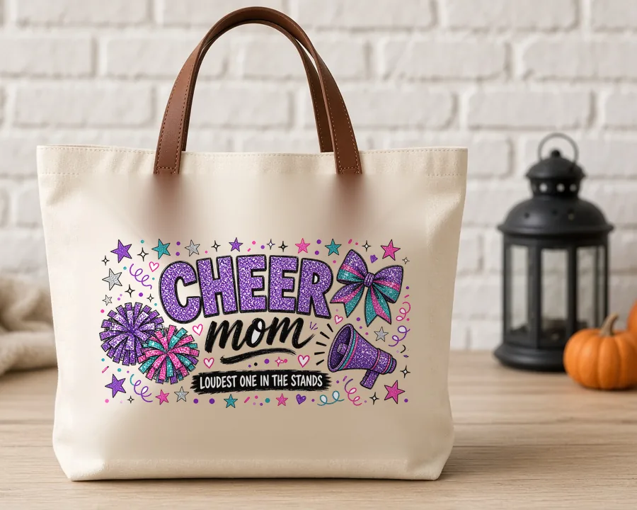 Cheer Mom PNG design on a canvas tote bag
