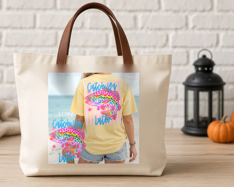 Coastal Cowgirl Tee PNG design on a canvas tote bag