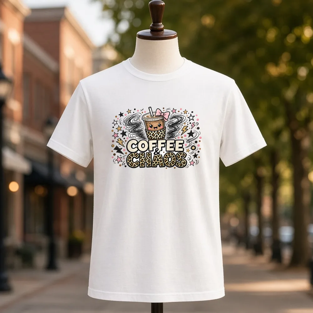 Coffee and Chaos PNG on a white t-shirt