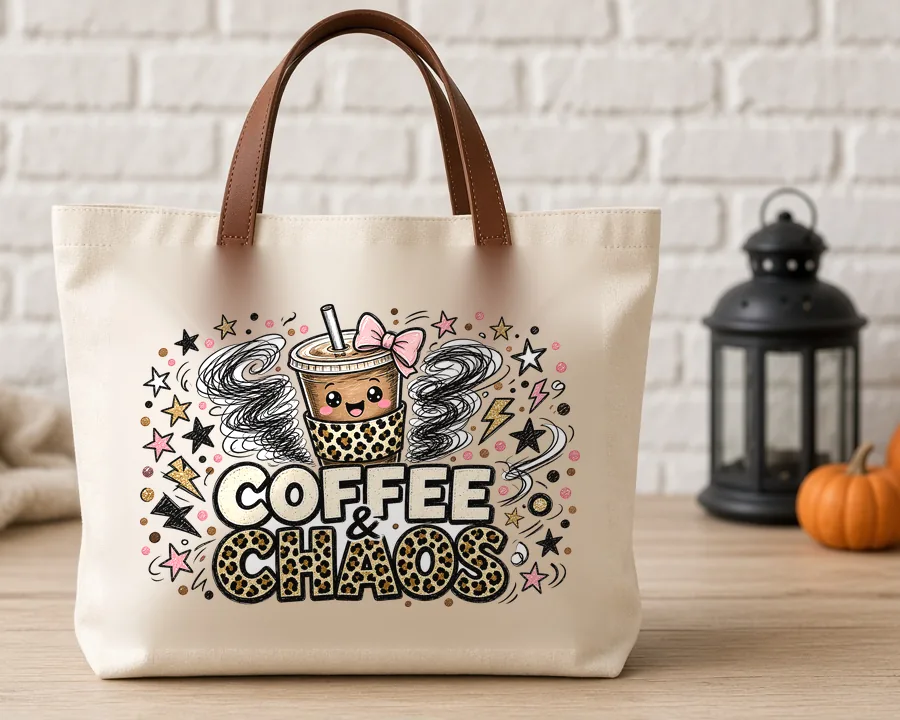 Coffee and Chaos PNG design on a canvas tote bag