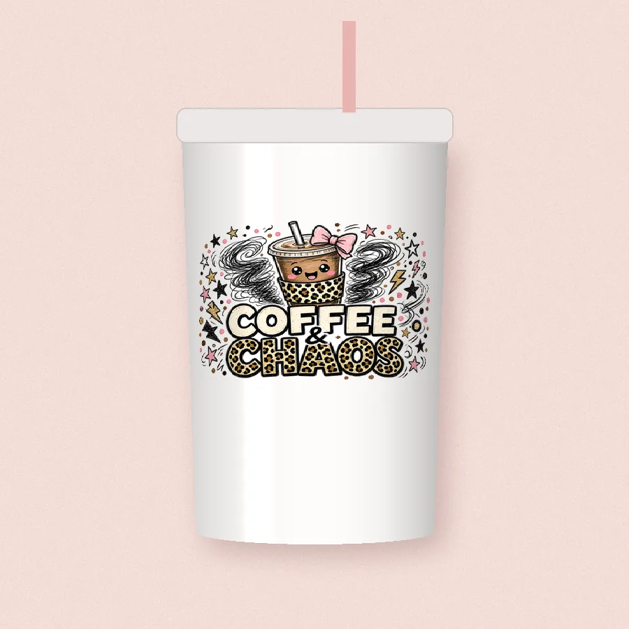Coffee and Chaos sublimation design on a skinny tumbler