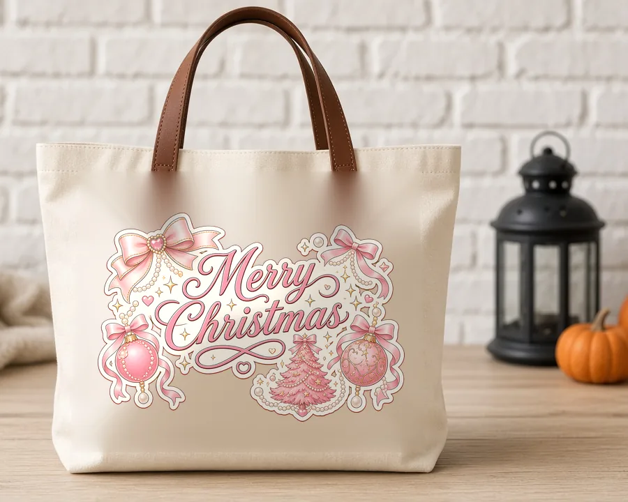 Coquette Bow Christmas PNG design on a canvas tote bag